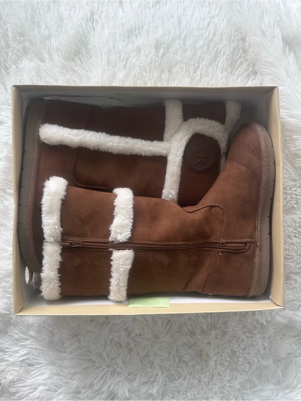 Used Little Girls MK Chestnut Brown Suede Boots with Cream Shearling Trim size 3